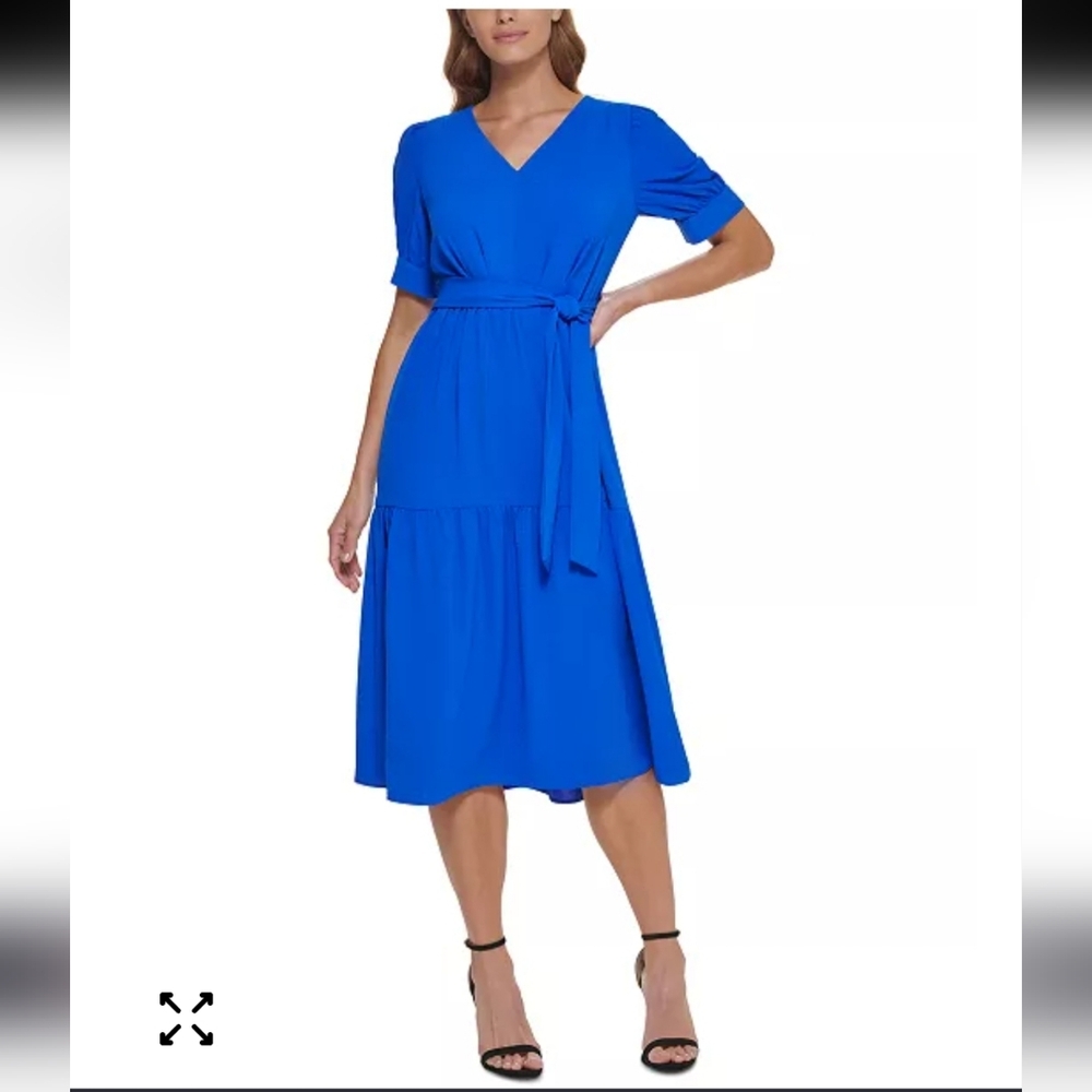 Dkny Bright Blue V-Neck Short Sleeve Belted Midi Dress